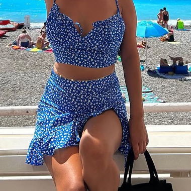 Ensemble bleu fleuri 2 pièces – Jupe & crop top