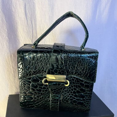 Handtasche Vintage Leder Kroko dunkelgrün Gold