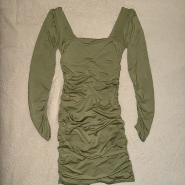 Olive dress with ruching and long sleeves