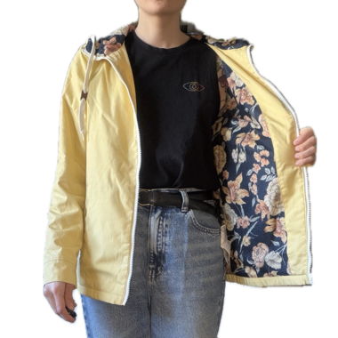 Yellow hooded jacket with floral lining