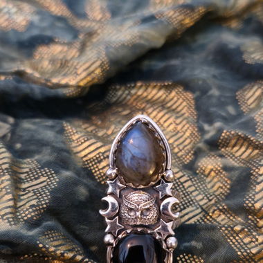 Bague chouette argent, labradorite et onyx noir