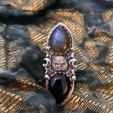Bague chouette argent, labradorite et onyx noir