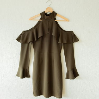 Moss green dress with flowing fabric