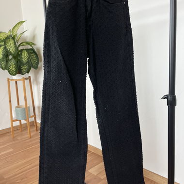 Black textured straight-leg trousers