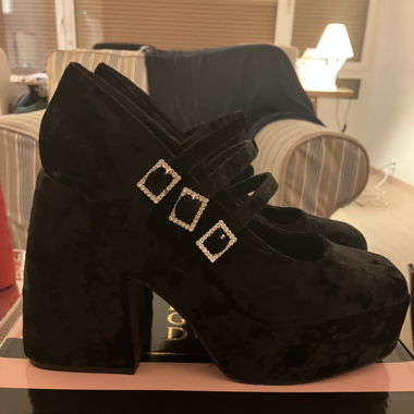 Velvet black platform heels
