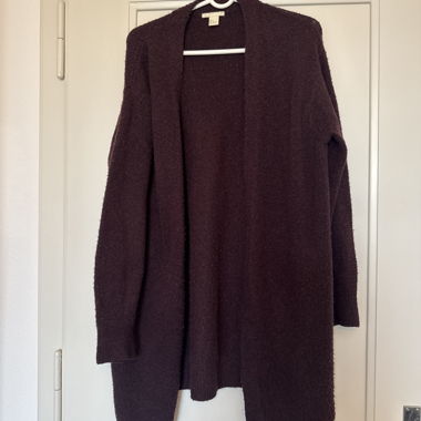 Long burgundy open-front cardigan
