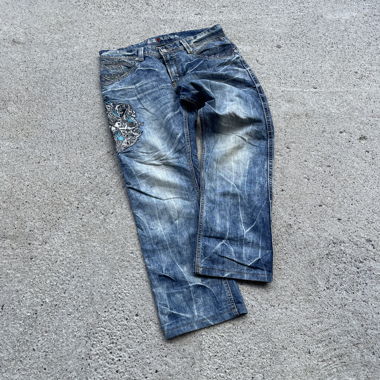 Jeans Y2K con ricami, denim giapponese, fit baggy