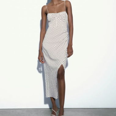 Cream corset-style dress with black polka dots containing linen - ZARA