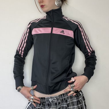 dark grey adidas pink stripes track jacket