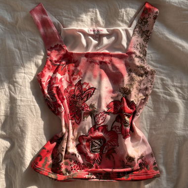 Biaggini Pink Red Floral Beaded Square Neck Top