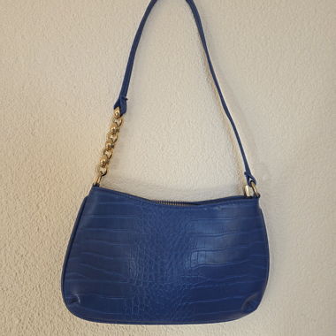 Blue Croc-Effect Baguette Bag