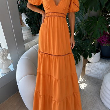 Orange Maxi Kleid mit Puffaermeln