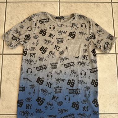 Grey and Blue Graffiti Print T‑Shirt