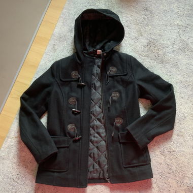 Black hooded duffle-coat 