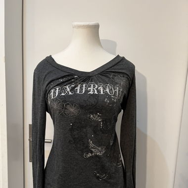 Top a Maniche Lunghe Grigio Scuro con Stampa e Strass
