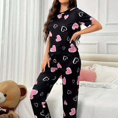 Women's Heart Print Pajama Set – Black & Pink