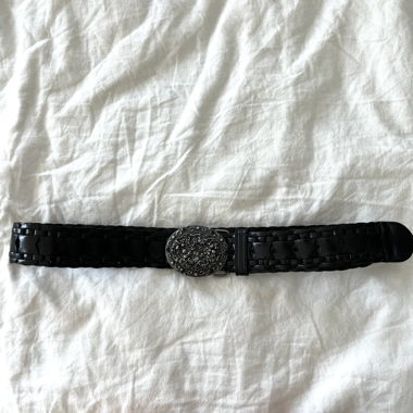 Black Leather Woven Belt with Ornate Buckle