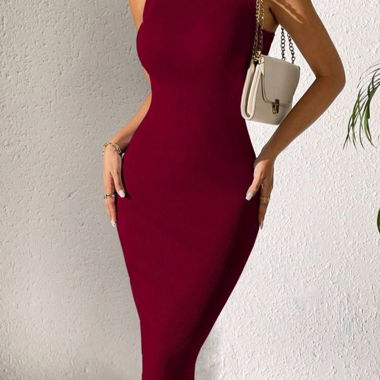 Burgundy Ribbed Midi Dress SheIn
