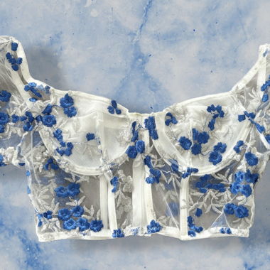Crop Top mesh blanc - fleurs brodées bleues