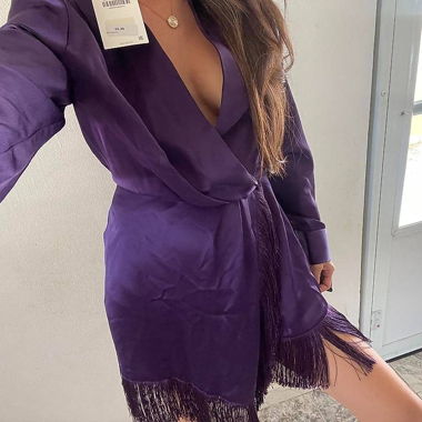 Abito a portafoglio Zara XL viola collo maniche lunghe
