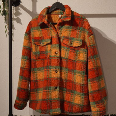 Checked Fleece Jacket in Orange Green