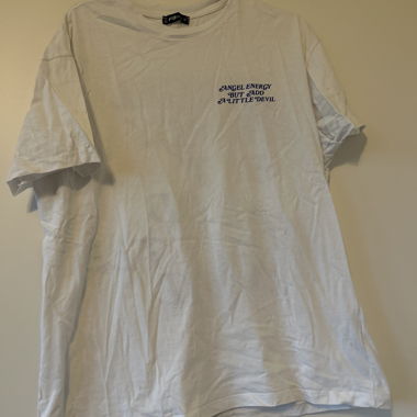 White T-shirt with lettering on the back