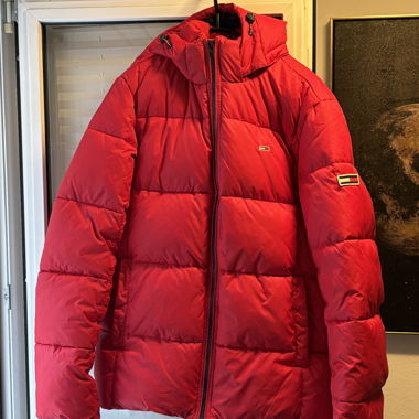 Red Quilted Down Jacket with Hood