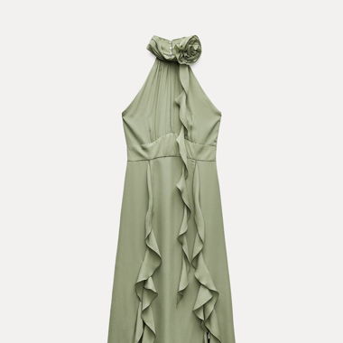 Zara green halter neck dress with floral ruffles
