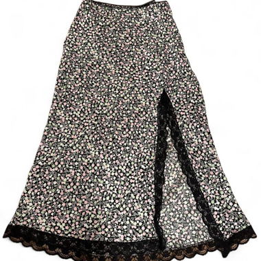 Black floral midi skirt with lace trim and slit