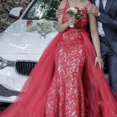 Red evening dress with tulle
