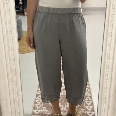 120% Lino Grey Linen Pants with Lace 42