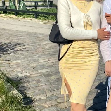Yellow dress with blue polka dots
