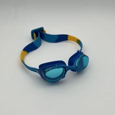 Blue swimming goggles with blue-yellow strap