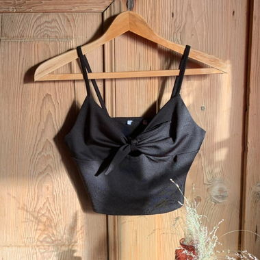 Black satin crop top with front tie