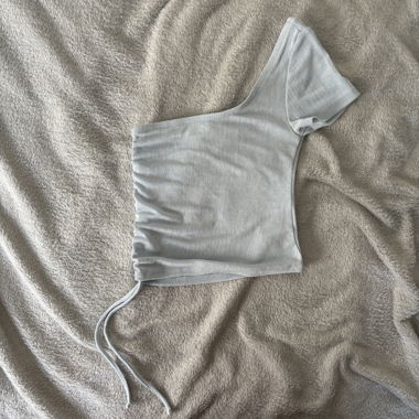 light blue sheer one shoulder top