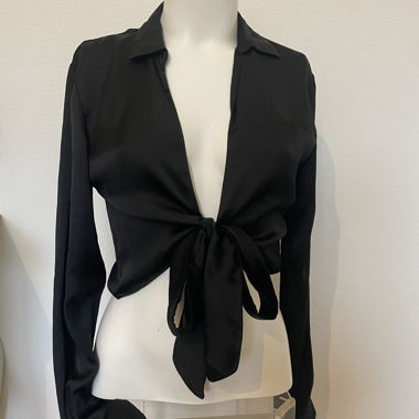 Black satin tie-front blouse