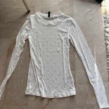 White Long-Sleeve Top with Rhinestones