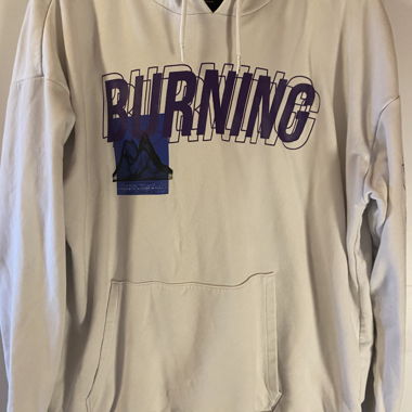 White hooded sweatshirt text BURNING