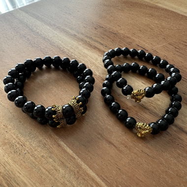 Loewenkopf Perlenarmband Set schwarz/ gold