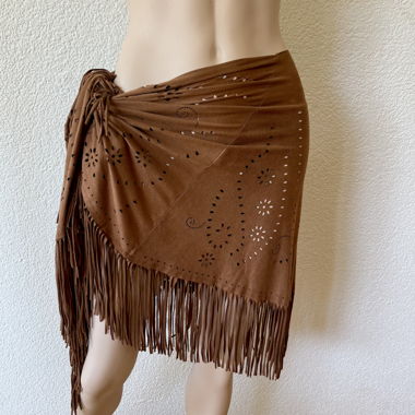 Brown Faux Suede Fringe Wrap Skirt