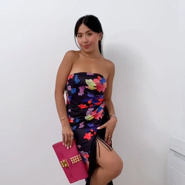 Black floral strapless unsymmetrical midi dress