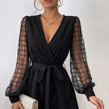 Jumpsuit mit Plaid Mesh Laternenärmeln, Gürtel