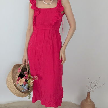Abito midi rosa con volant