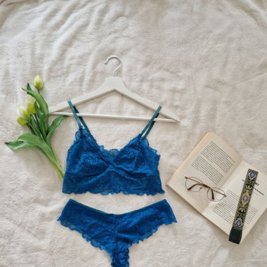 dessous set, blau, türkis, spitze