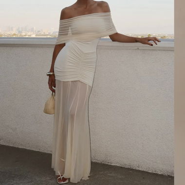 Abito lungo bardot beige
