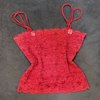 cropped pink/red lace-like spaghetti strap top