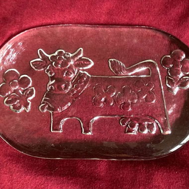 Planche en verre pour fromage, beurre, gâteaux, avec motif de vache