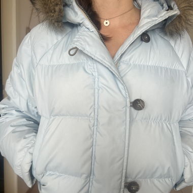 Light blue short down jacket with hood