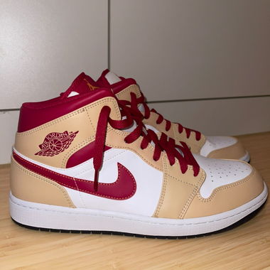 Jordan 1 Mid Light Curry Cardinal