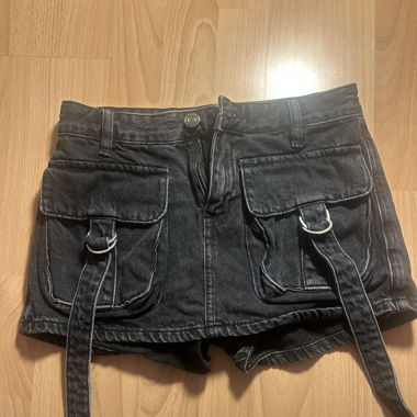 Black Utility Denim Shorts with D-Ring Straps